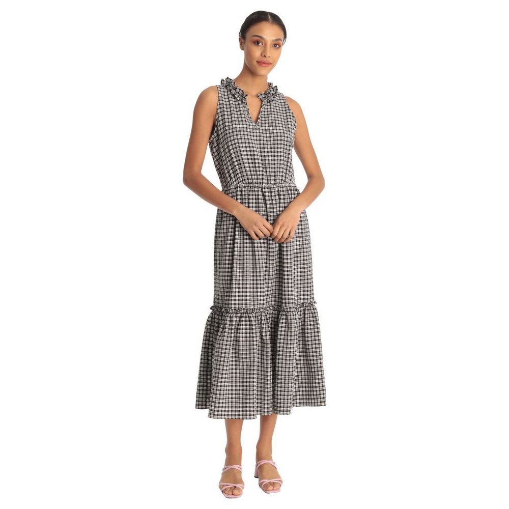 Donna Morgan Midi Dress Size 10 Tiered Dress Plaid Black White Sleeveless New - Picture 13 of 13